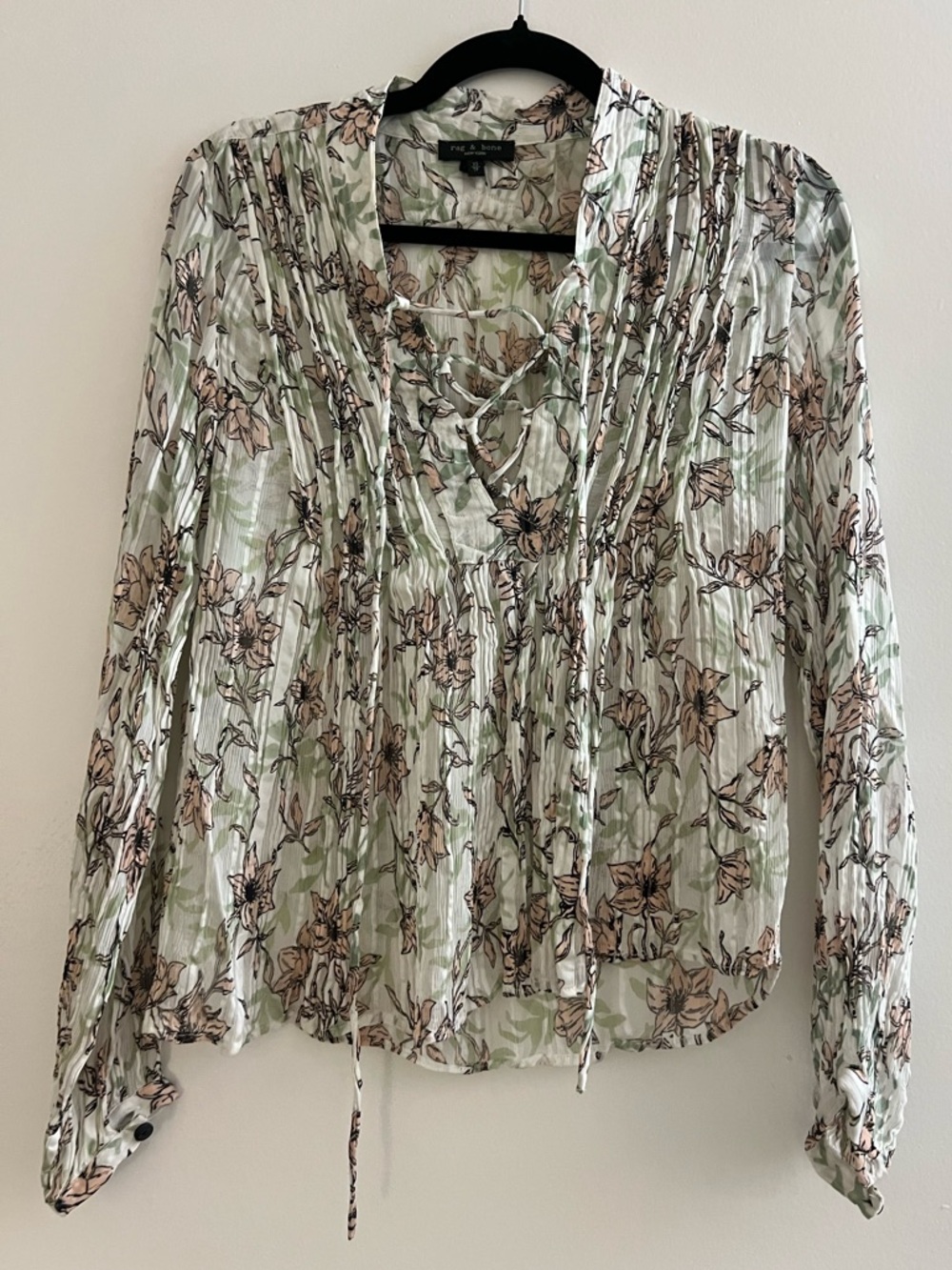 rag & bone Sheer Floral Pintuck Blouse in Sage and Beige
